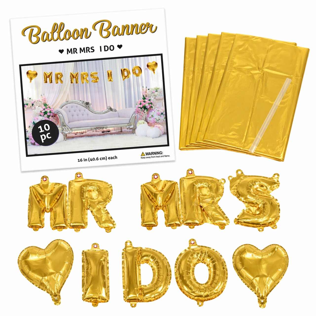 Essentials by Leisure Arts Balloon Banner Mr and Mrs and I Do Gold 2 Sets, Gold Foil Letter Balloons for Wedding and Bridal Shower Decor, 16 Inch Balloons with Straw